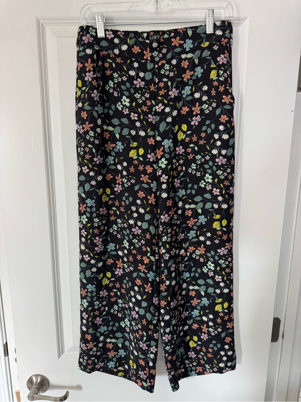 LOFT floral black pull on wide leg pants size xs trousers slacks fun & feminine
